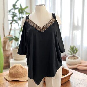 Black Cold Shoulder Plus Top 3XL Gold Embellished Boho Festival Party Blouse